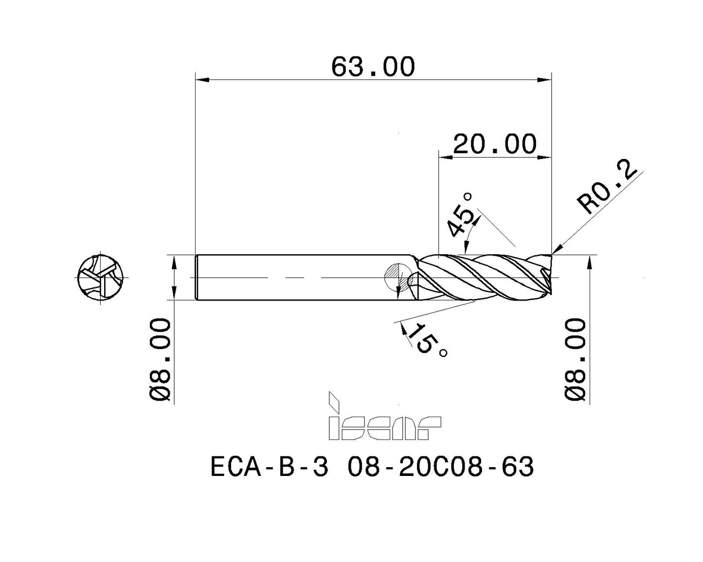 ISCAR Präzisions Vollhartmetall Schaftfräser Ø 8 mm R 0,2 für Aluminiumbearbeitung