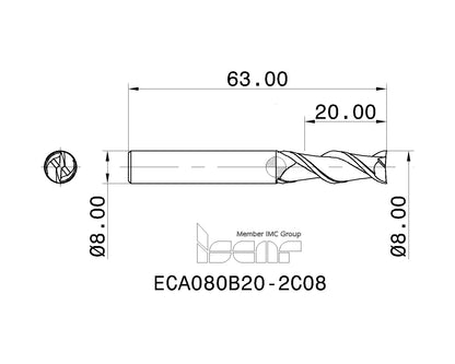 ISCAR Präzisions Vollhartmetall Schaftfräser Ø 8 mm R 0, 2-Schneider für Aluminiumbearbeitung