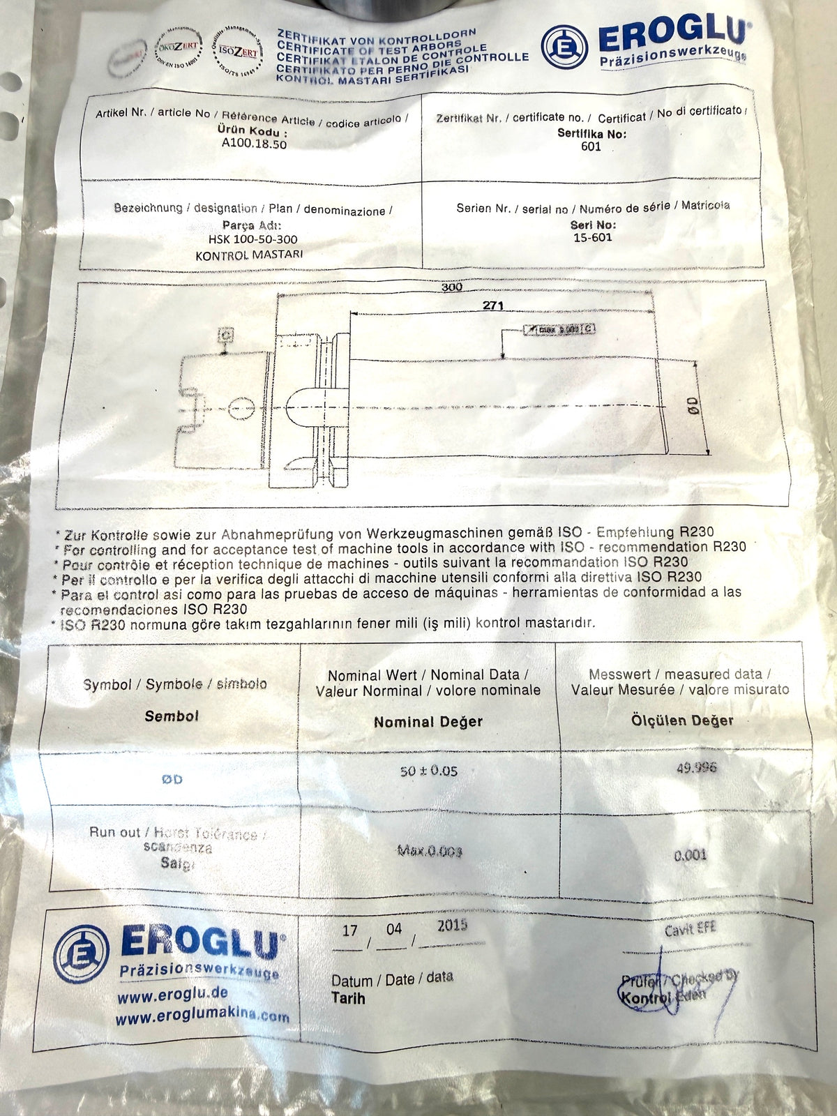 Kalibrierdorn HSK 100 L270 Ø50mm gebraucht, EROGLU mit Zertifikat # 80107