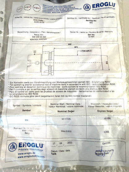 Kalibrierdorn HSK 100 L270 Ø50mm gebraucht, EROGLU mit Zertifikat # 80107